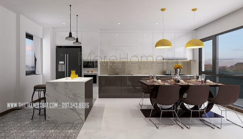 Bố trí phòng ăn lồng phòng bếp hiện đại tạo nên không gian vừa đẹp vừa tiện nghi vừa sang trọng. Mẫu thiết kế nội thất biệt thự đẹp