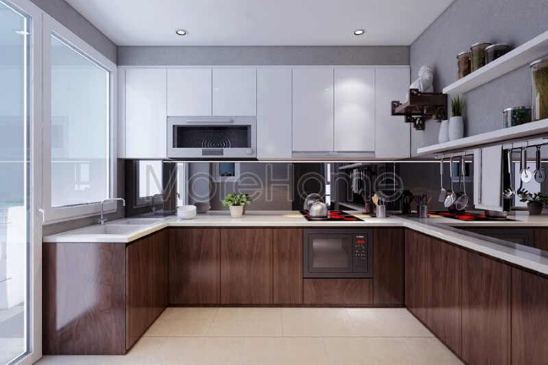 Mẫu tủ bếp hiện đại được phân chia nhiều ngăn hợp lí, giúp cho gia chủ dễ dàng phân loại và lưu trữ đồ khô hay vật dụng nấu nướng Tủ bếp đẹp