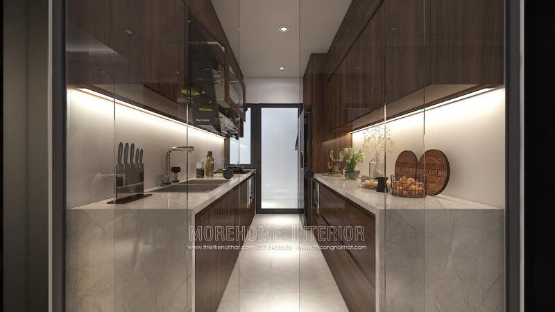 Thiết kế tủ bếp đẹp riêng biệt với khu vực sinh hoạt khác, gia chủ cũng lựa chọn sử dụng kết hợp với cửa kính cường lực giúp cho mùi dầu mỡ không bay ra ngoài ảnh hưởng đến các không gian khác Tủ bếp đẹp