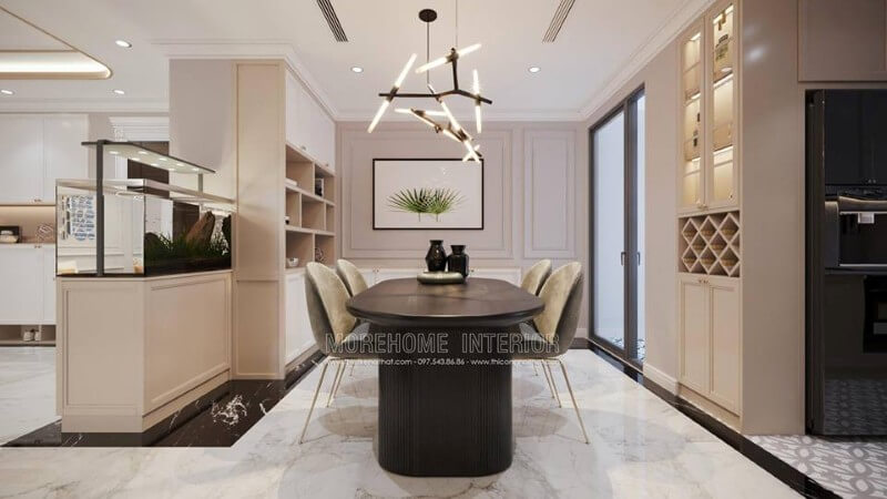 Không gian tận hưởng bữa cơm gia đình được thiết kế lãng mạn với bộ bàn ghế hiện đại, ghế làm bằng nệm nỉ khung sắt chắc chắn và êm ái Thiết kế chung cư