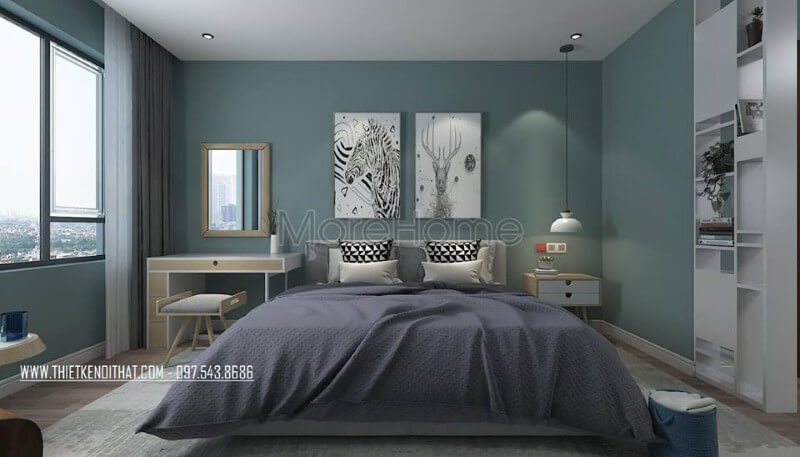 Thiết kế nội thất phòng ngủ chung cư gam màu xanh nhẹ nhàng, nội thất thiết kế hiện đại đơn giản nhưng tiện nghi Thiết kế chung cư