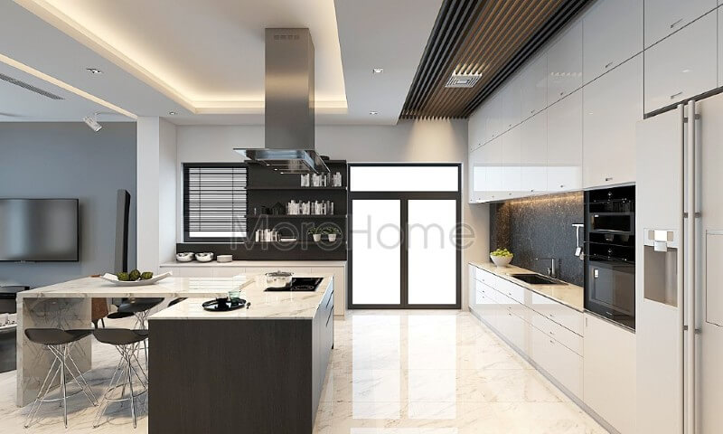 Trang trí chung cư với tủ bếp hiện đại màu trắng, bề mặt bếp được ốp đá nhân tạo cao cấp đảm bảo luôn sang trọng và sạch sẽ Thiết kế và sản xuất tủ bếp đẹp