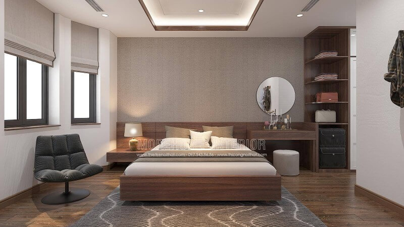 Bạn là người mệnh Thổ, mệnh Kim, Morehome xin giới thiệu quý vị và các bạn một trong những ý tưởng đó là mẫu thiết kế nội thất phòng ngủ màu nâu chủ đạo tại biệt thự Vinhomes Imperi a Hải Phòng, ngoài ra còn rất nhiều mẫu bố trí phòng ngủ đẹp tại website:thietkenoithat.com Mẫu nội thất biệt thự đẹp