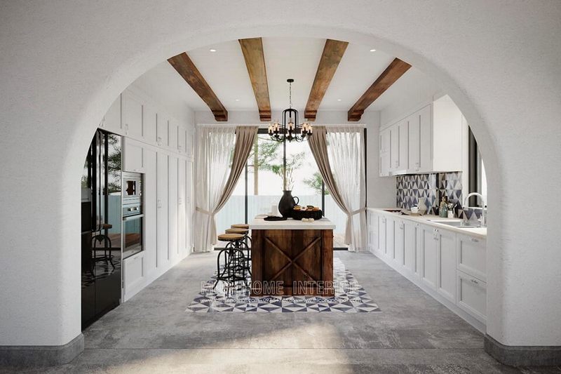 Tủ bếp gỗ tự nhiên phun sơn màu trắng hiện đại