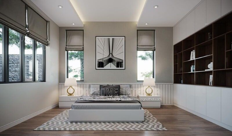 Bố trí nội thất phòng ngủ hiện đại đẹp sang trọng nổi bật với sắc trắng tinh tế.