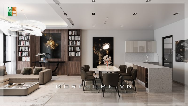 Tham khảo mẫu thiết kế nội thất hiện đại, có sự liên kết giữa các không gian sinh hoạt với nhau giữa phòng khách liền phòng ăn và bếp rất khoa học và tiện nghi phù hợp cho chung cư, nhà phố, biệt thự.