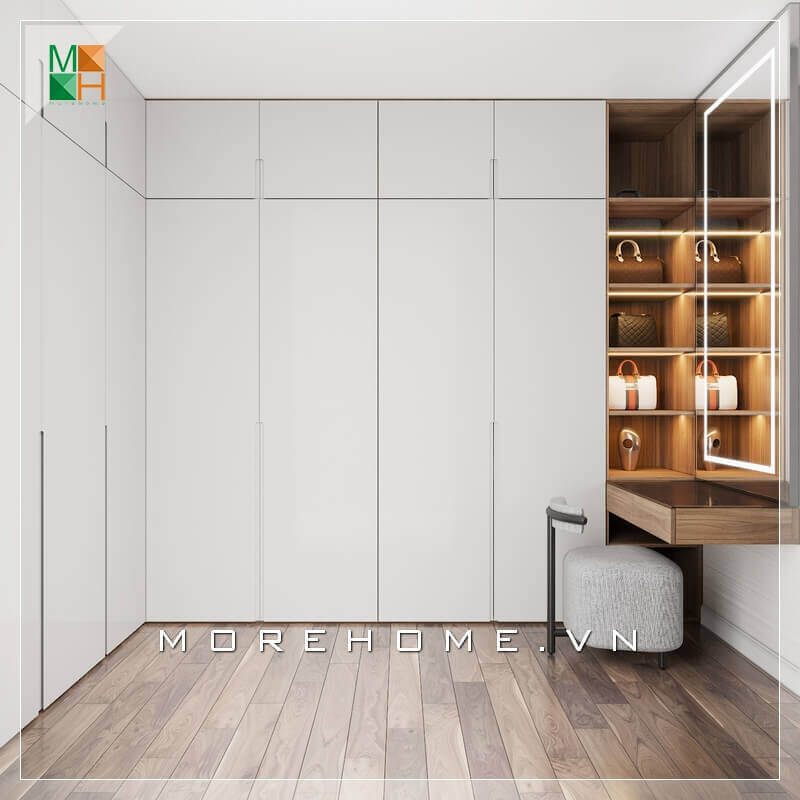 Ấn tượng mẫu thiết kế tủ quần áo kết hợp kệ để đồ sang trọng hiện đại cho chung cư, nhà phố, biệt thự.