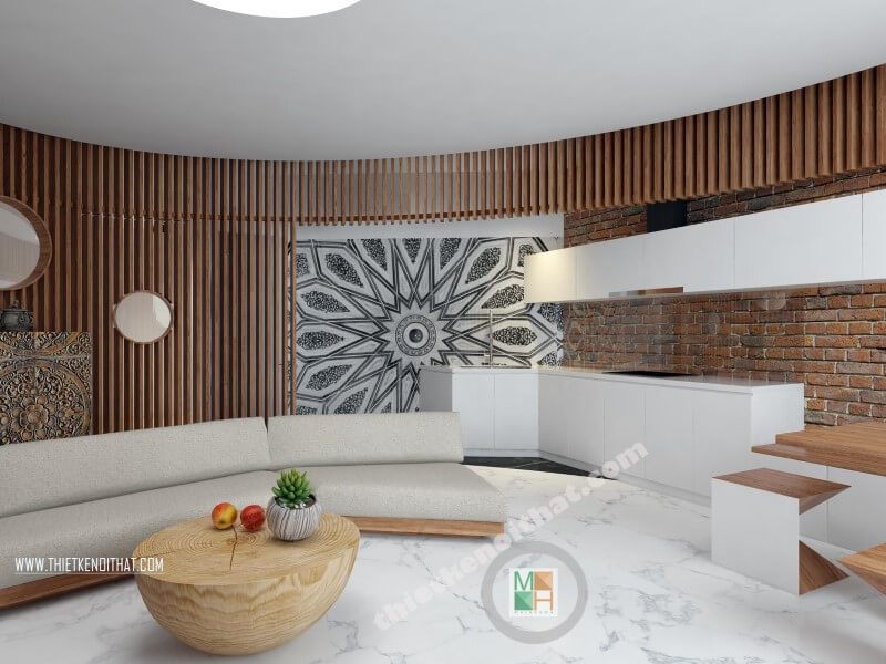 Mẫu thiết nội thất chung cư Green Stars Phạm Văn Đồng hiện đại thay vì sử dụng thiết kế vuông hay chữ nhật thường thấy, kiến trúc sư tạo mô hình không gian hình Elip và xuyên suốt giữa 3 không gian phòng khách, bếp và phòng ăn mang tới không gian sử dụng tối ưu cho người dùng.