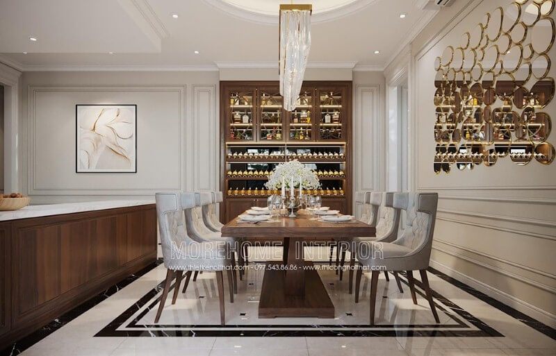 Gạch bóng kính đẹp cho phòng ăn đương đại, sang trọng.