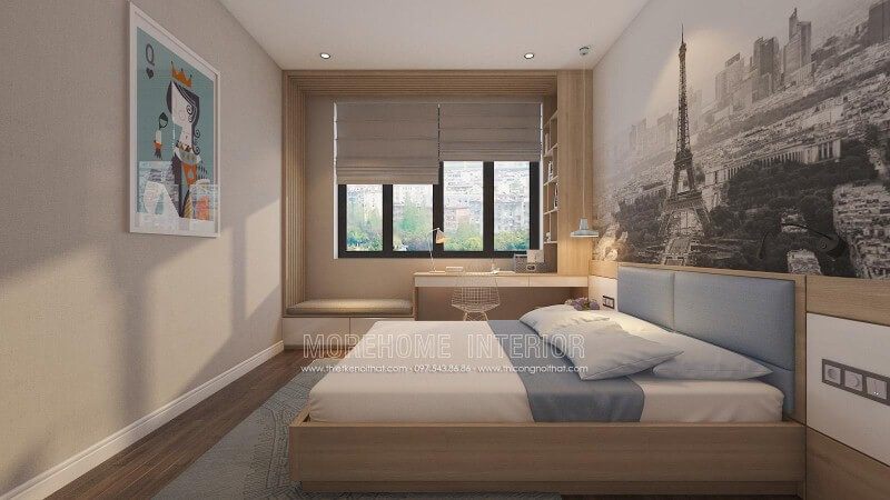 Trang trí nội thất phòng ngủ hiện đại có bàn làm việc hay góc học tập gần cửa sổ đẹp, sang trọng và tiện ghi.