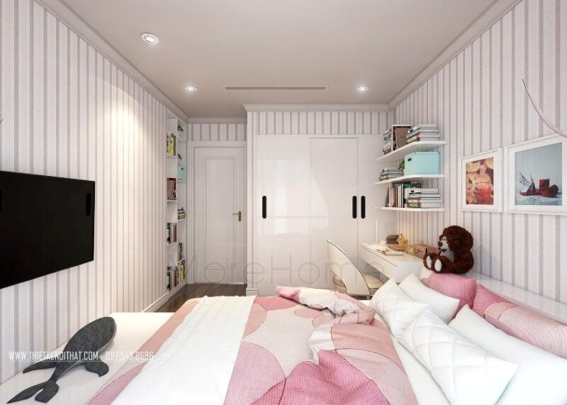 Giấy dán tường hàn quốc kẻ sọc được gia chủ lựa chọn cho không gian phòng ngủ con gái, tạo hiệu ứng cho không gian thêm cao hơn